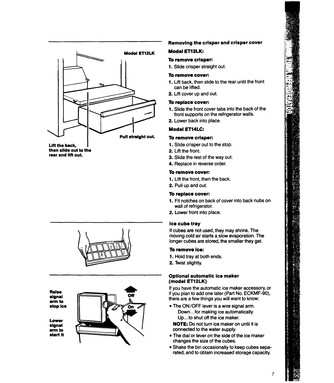 Whirlpool ET14LC, ET12LK Lift the back, Model Em2LK, To remove crisper, To remove cover, To replace cover, Ice cube tray 