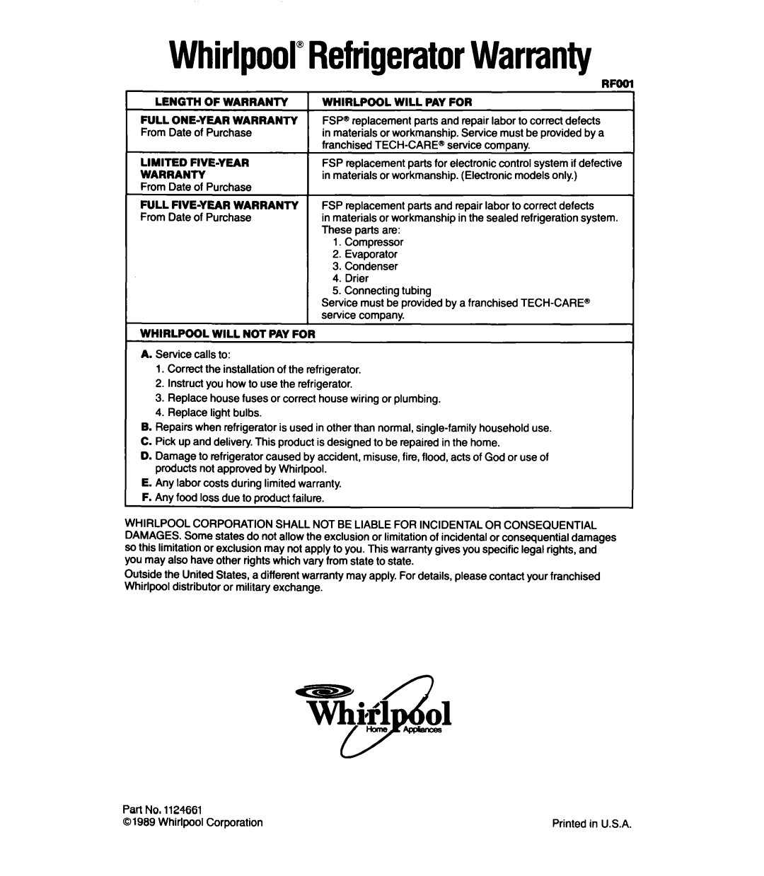 Whirlpool ET12LK, ET14LC Whirlpool”RefrigeratorWarranty, Lengthofwarranty, Whirlpool Will Pay For, Full One-Yearwarranty 
