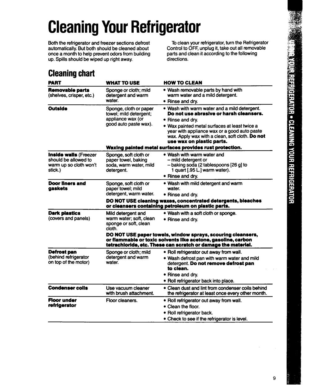 Whirlpool ET14LC, ET12LK manual CleaningYourRefrigerator, Cleaningchart 
