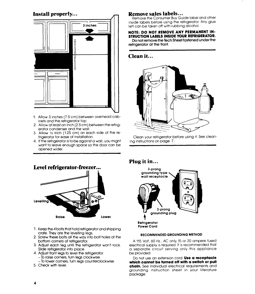 Whirlpool ET12PC manual Level refrigerator-freezer, Install properly, Remove sales labels, Clean it, Plug it 