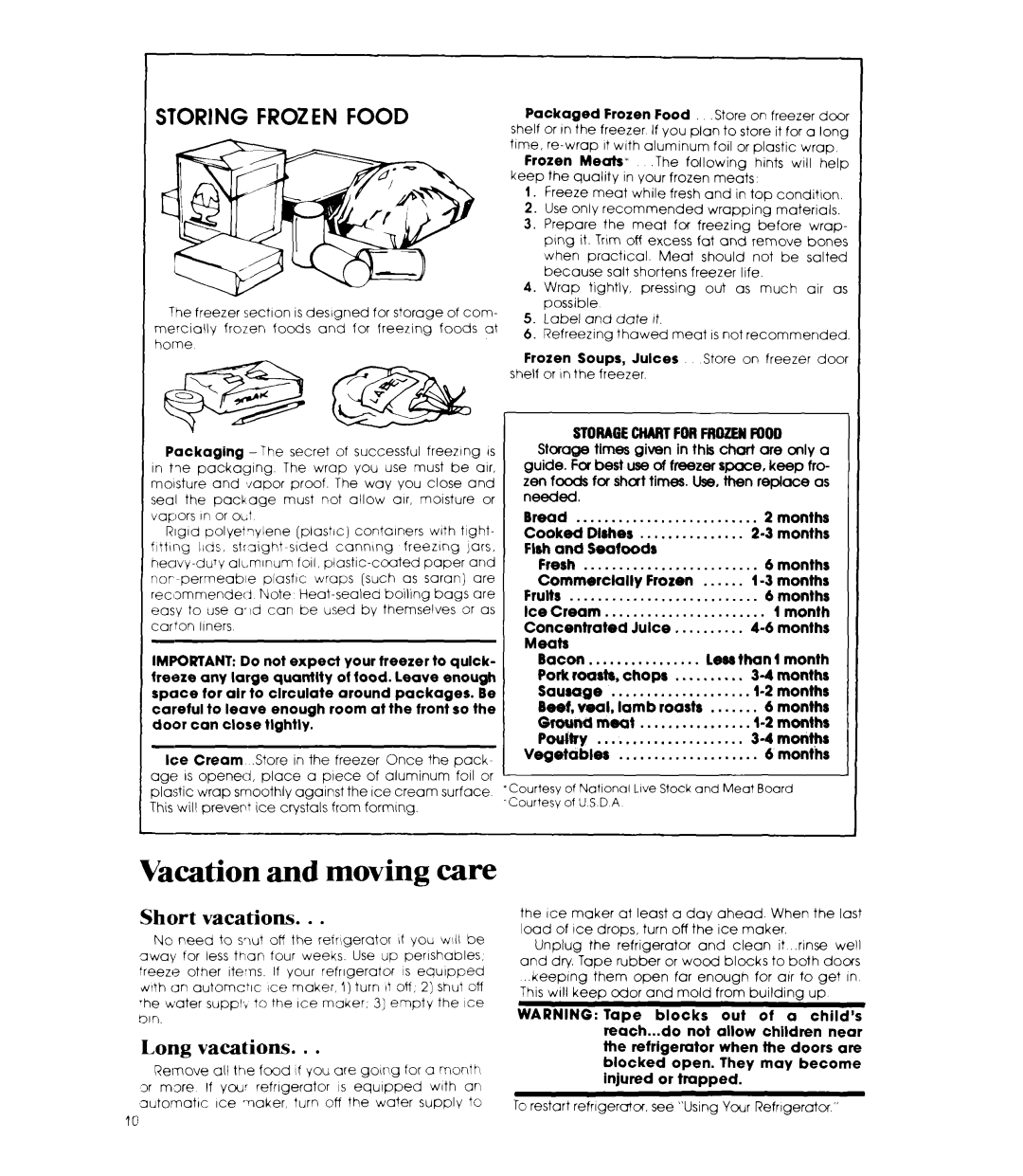 Whirlpool ET14AK manual Short vacations, Long, Frozen Soups, Juices Store on freezer doo 