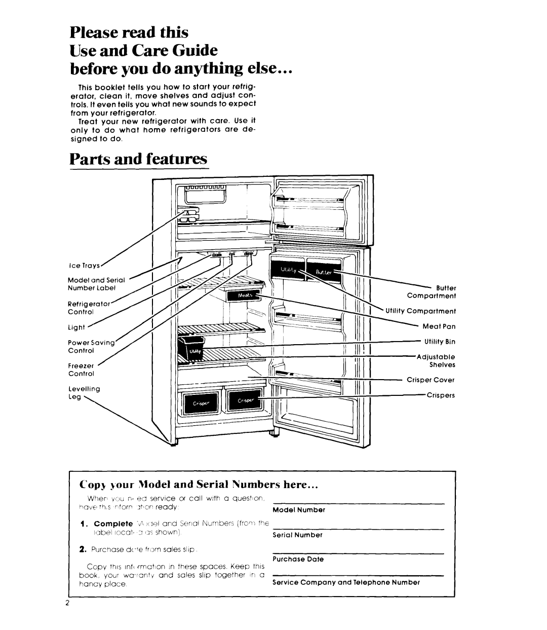 Whirlpool ET14AK Before you do anything else, Parts and features, Copy Sour Model and Serial Numbers here, Model Number 