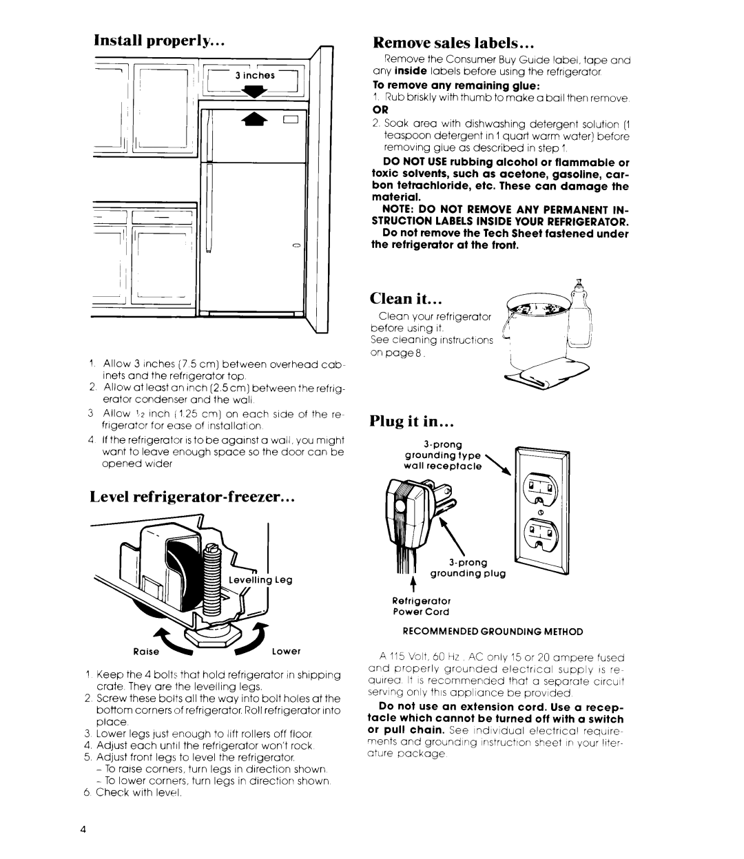 Whirlpool ET14AK manual Install properly Lrl Remove sales labels, Clean, Plug it, Level refrigerator-freezer 