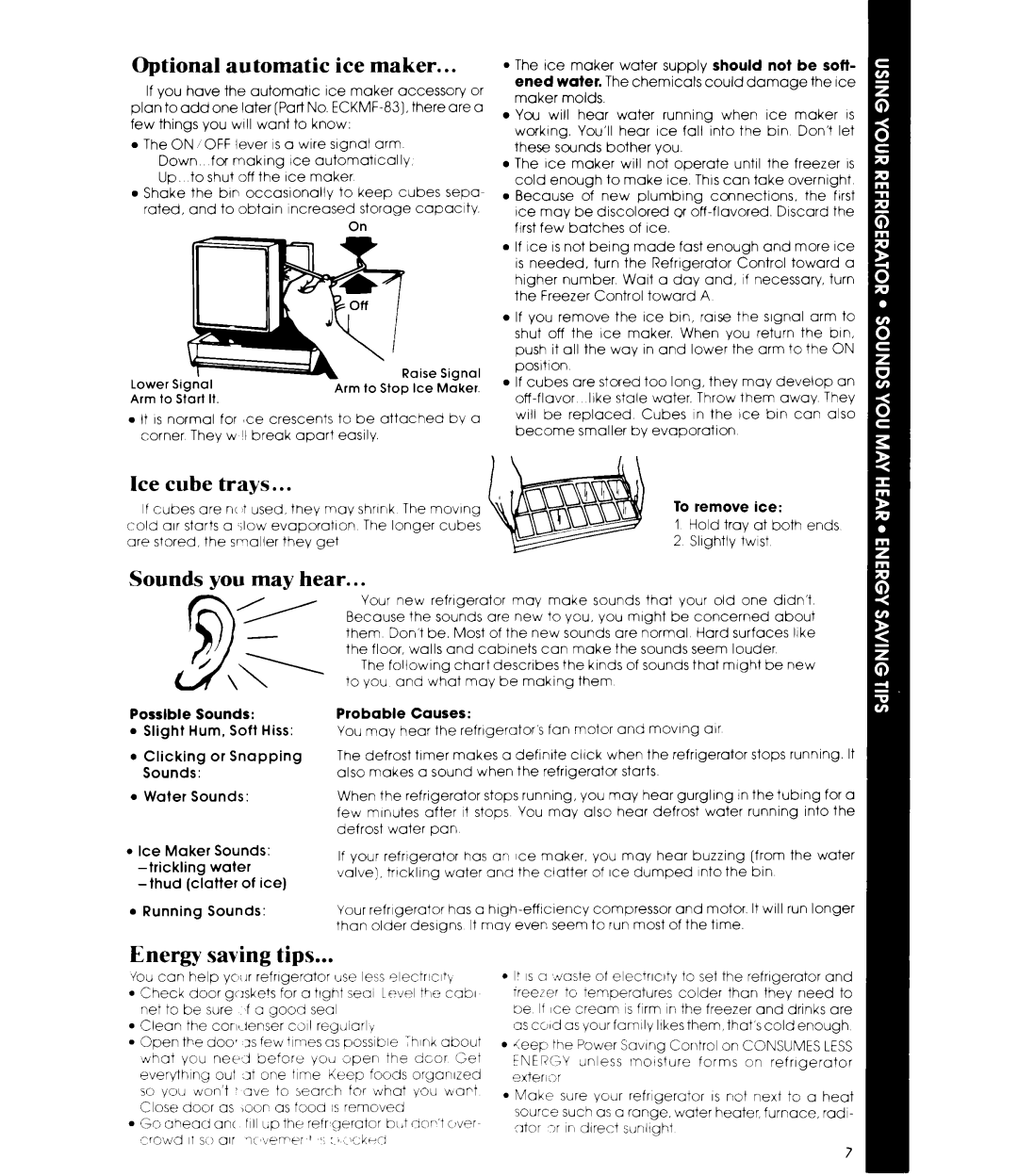 Whirlpool ET14AK manual Tips, Optional automatic ice maker, Ice cube Trays, Sounds you may hear, Saving 