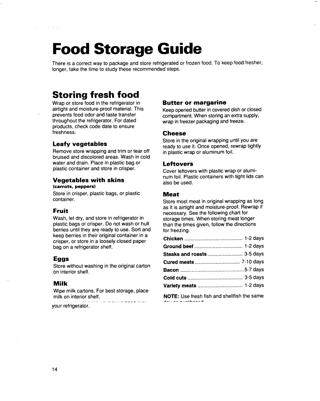 Whirlpool ET14NKXE, ET14CKXE warranty Food Storage Guide, Storing fresh food 