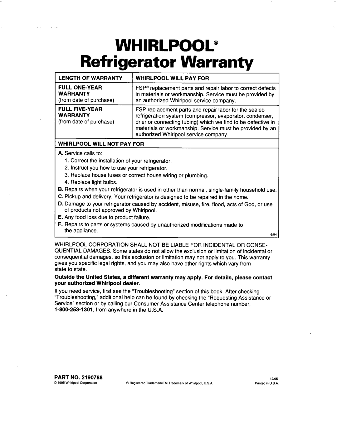 Whirlpool ET14CKXE, ET14NKXE warranty Length of Warranty, PAY for Full ONE-YEAR, Full FIVE-Y EAR, Whirlpool will not PAY for 