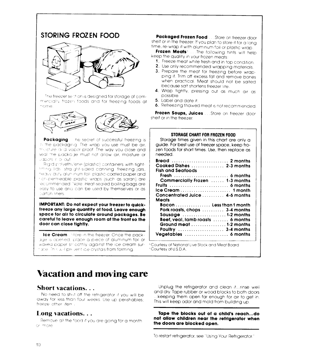 Whirlpool ET14DC, ET12DC manual Vacation and moving care, Short vacations, Long vacation, Storagechartforfrozenfood 