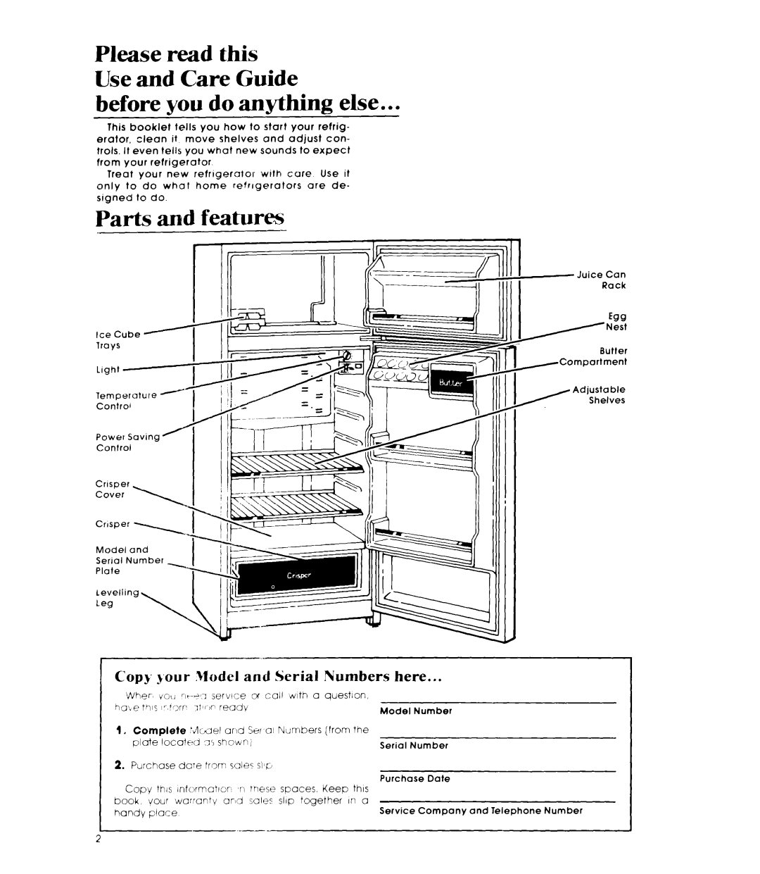 Whirlpool ET14DC, ET12DC manual Before you do anything else, Parts and feature, Copy j’our Model and Serial Numbers here 