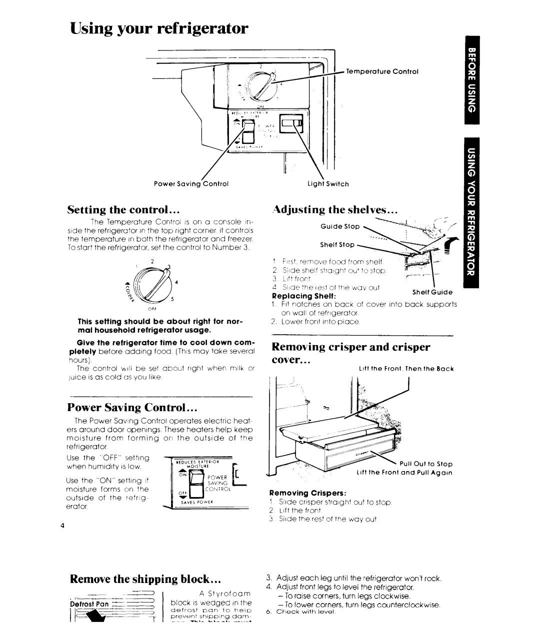 Whirlpool ET12DC Using your refrigerator, Setting the control, 4djusting the shelves, Removing crisper and crisper cover 