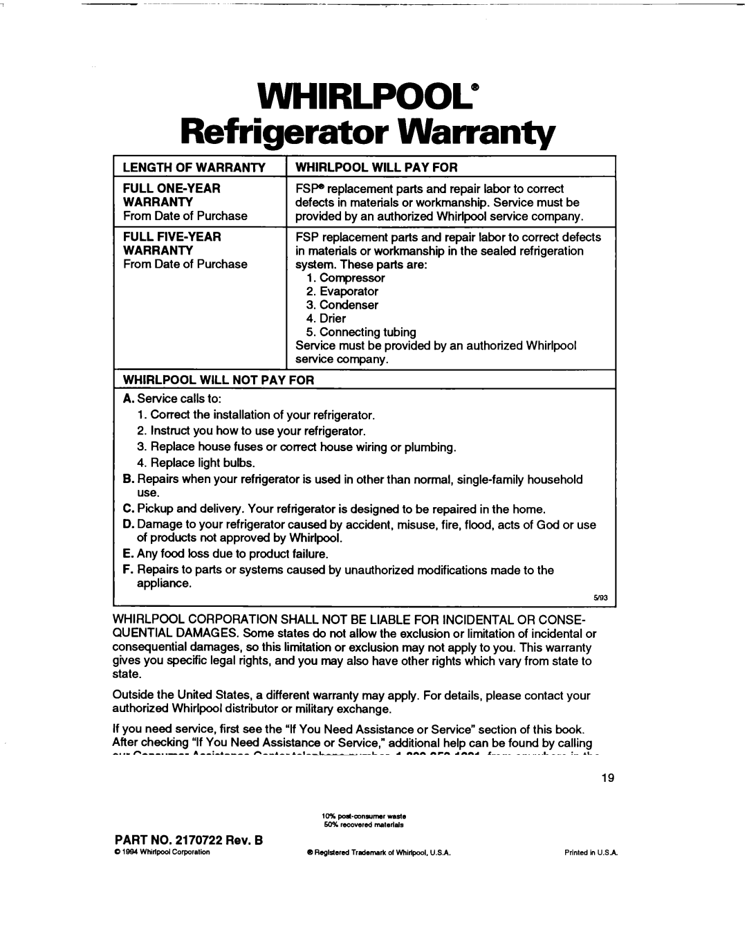 Whirlpool ET14GK Length of Warranty Whirlpool will PAY for Full ONE-YEAR, Full FIVE-YEAR, Whirlpool will not PAY for 