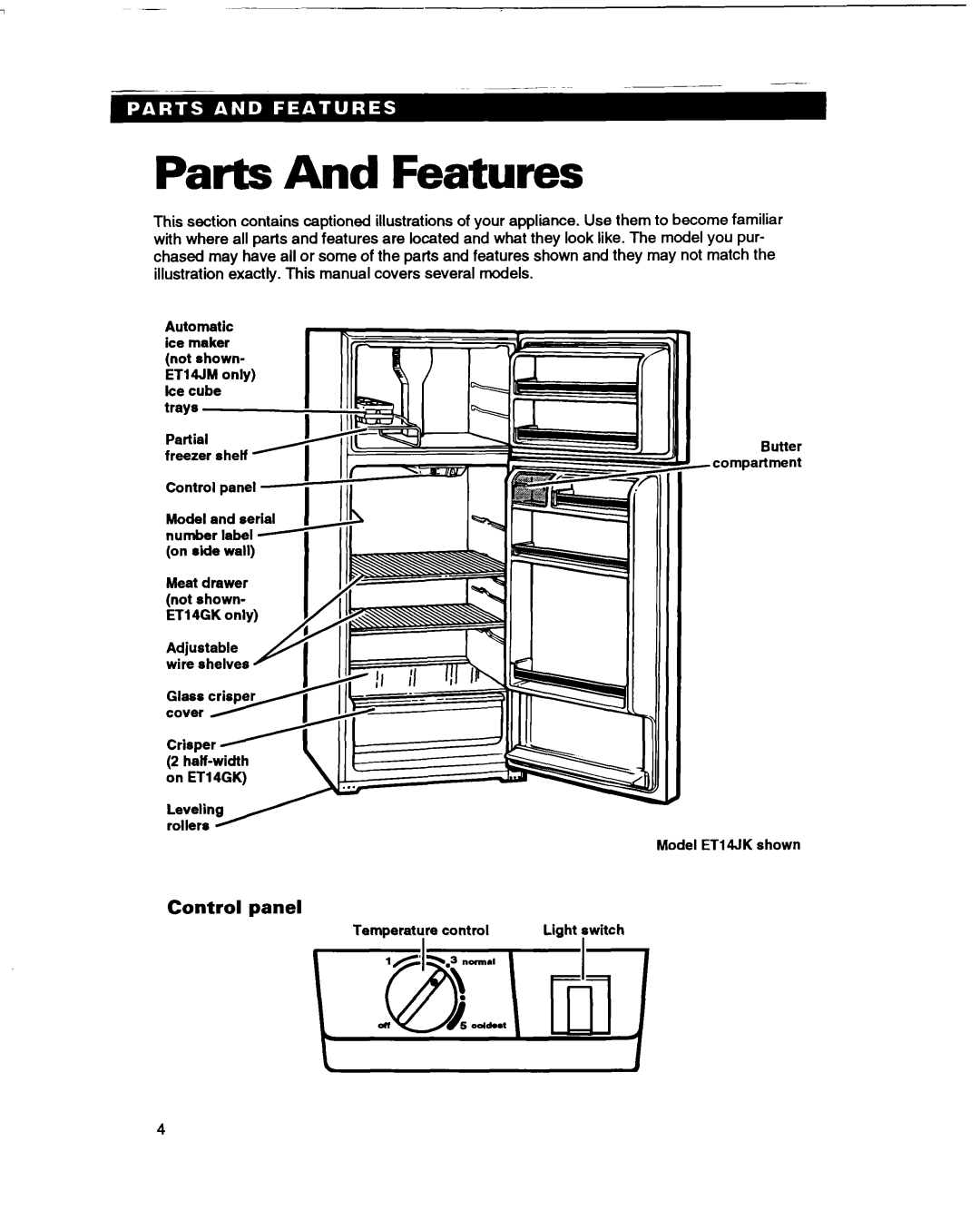 Whirlpool ET14GK, ETl4HJ warranty Parts And Features, Control panel 