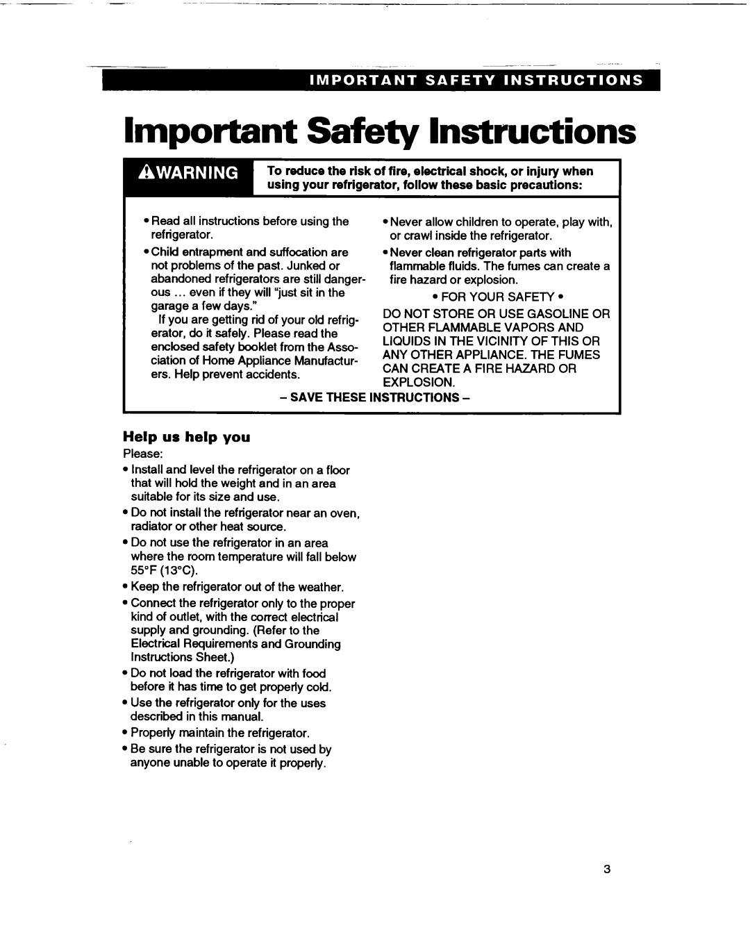 Whirlpool ETl4HJ, ET14GK warranty Imraortant Safetv Instructions, Help us help you, Save These Instructions 