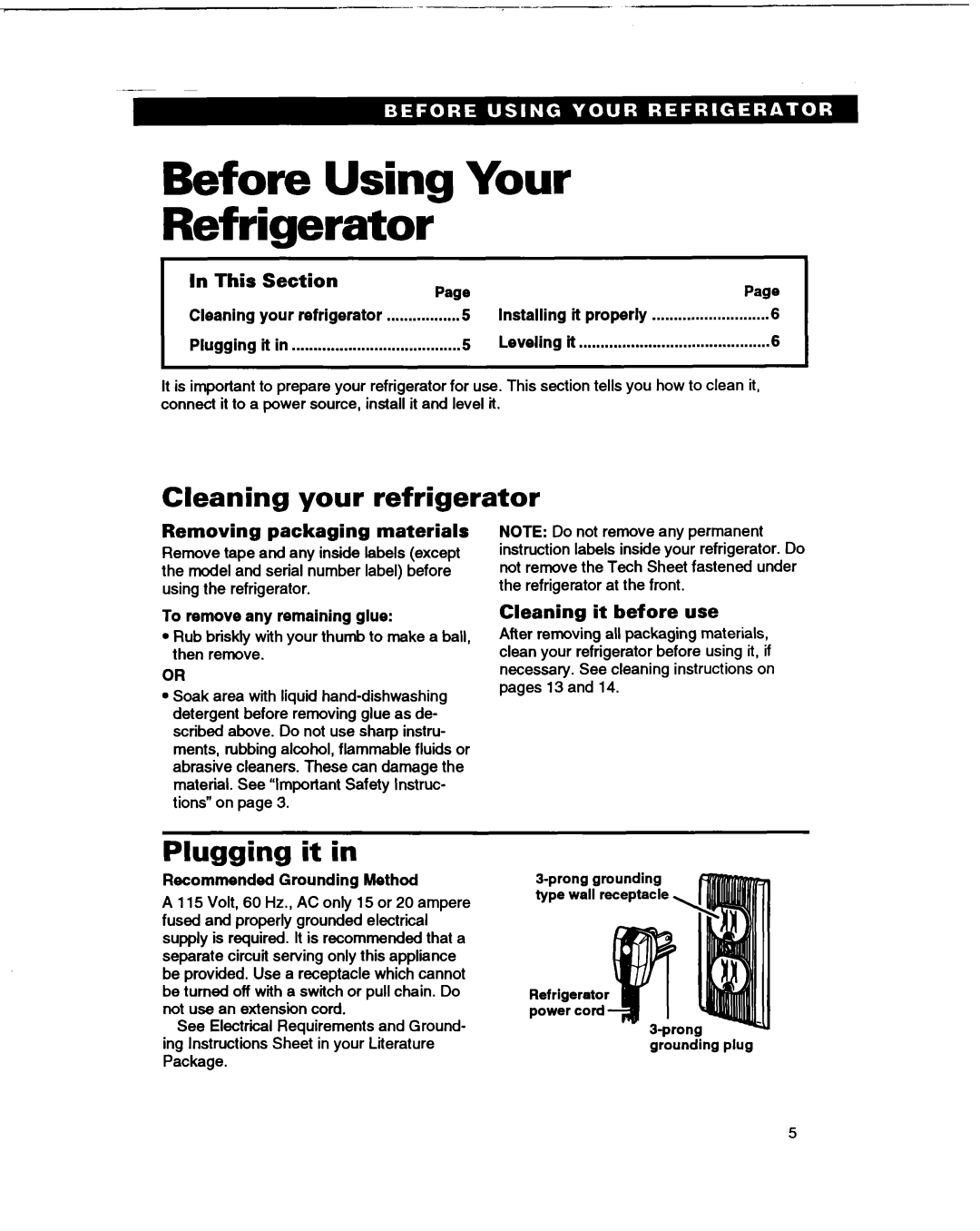 Whirlpool ETl4HJ, ET14GK Before Using Your Refrigerator, Cleaning your refrigerator, Plugging it in, Section, In This 