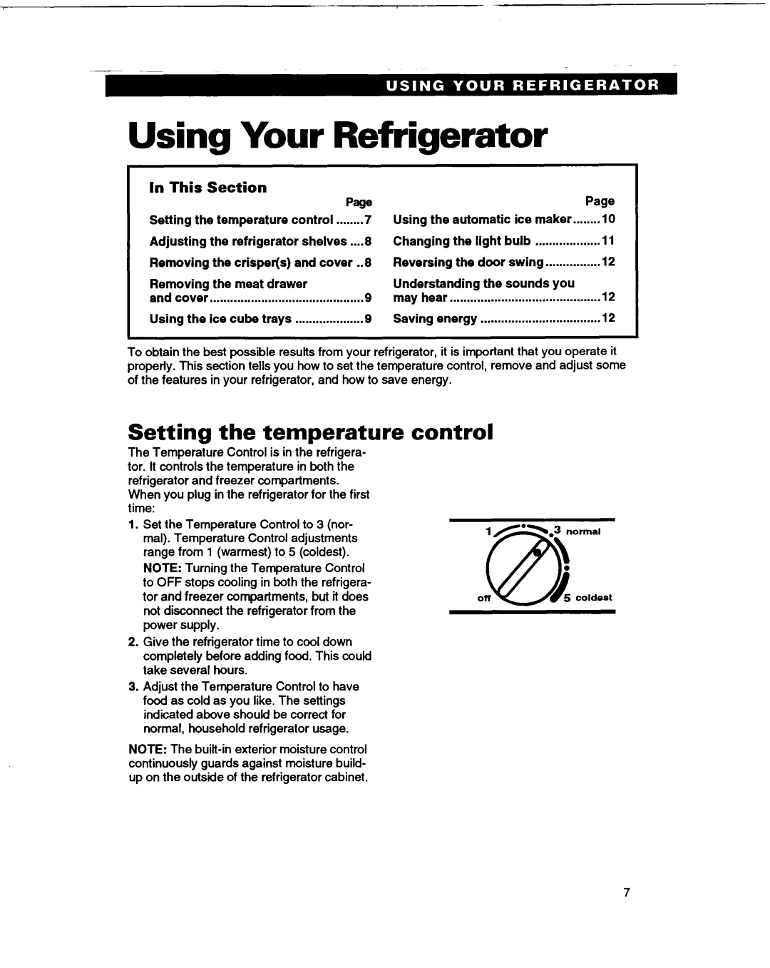 Whirlpool ETl4HJ Using Your Refrigerator, Setting the temperature control, In This Section Page, Removing the meat drawer 