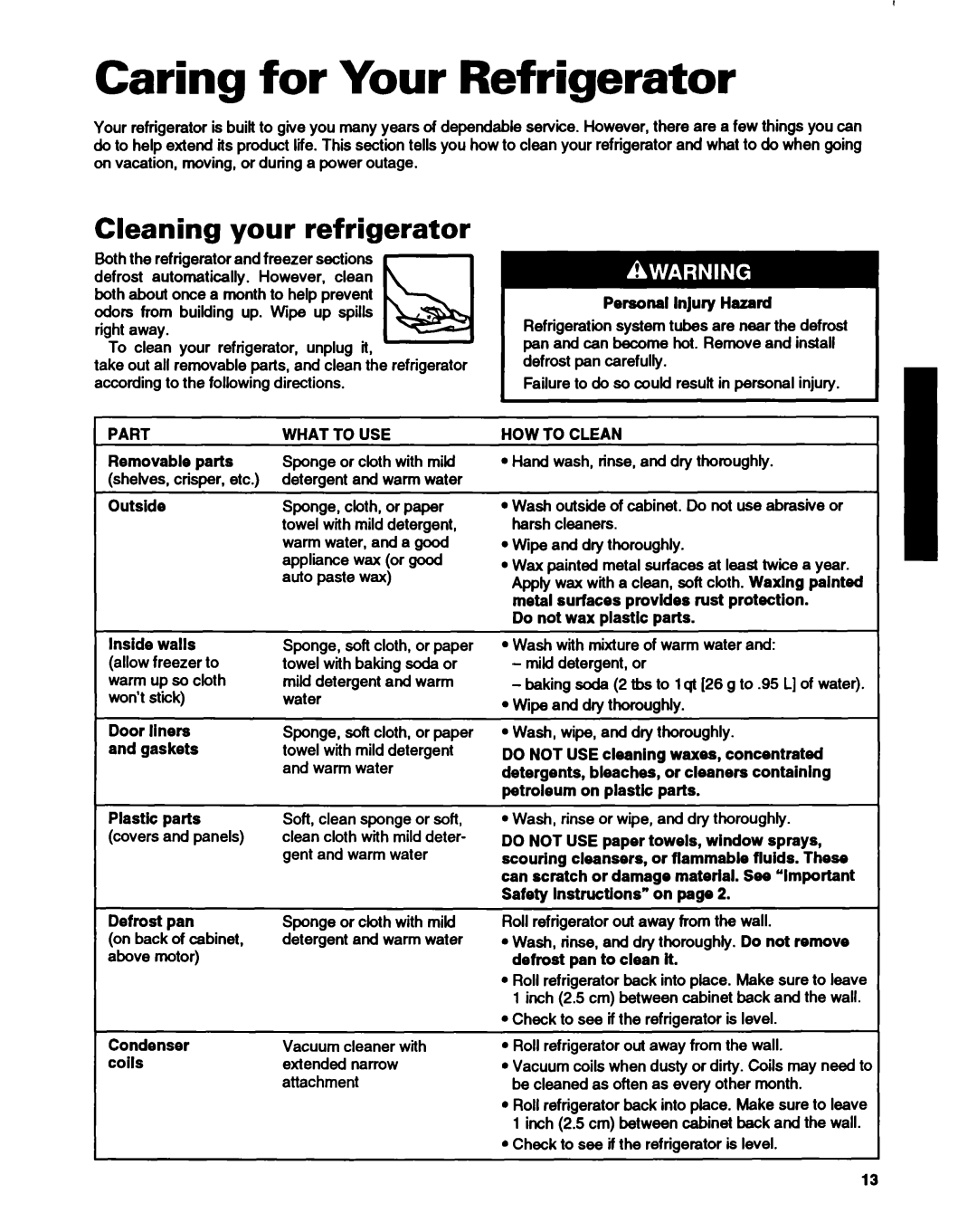 Whirlpool ET14HJXDN01 manual Caring for Your Refrigerator 