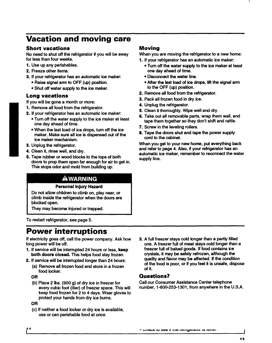 Whirlpool ET14HJXDN01 manual Vacation and moving care, Power interruptions 