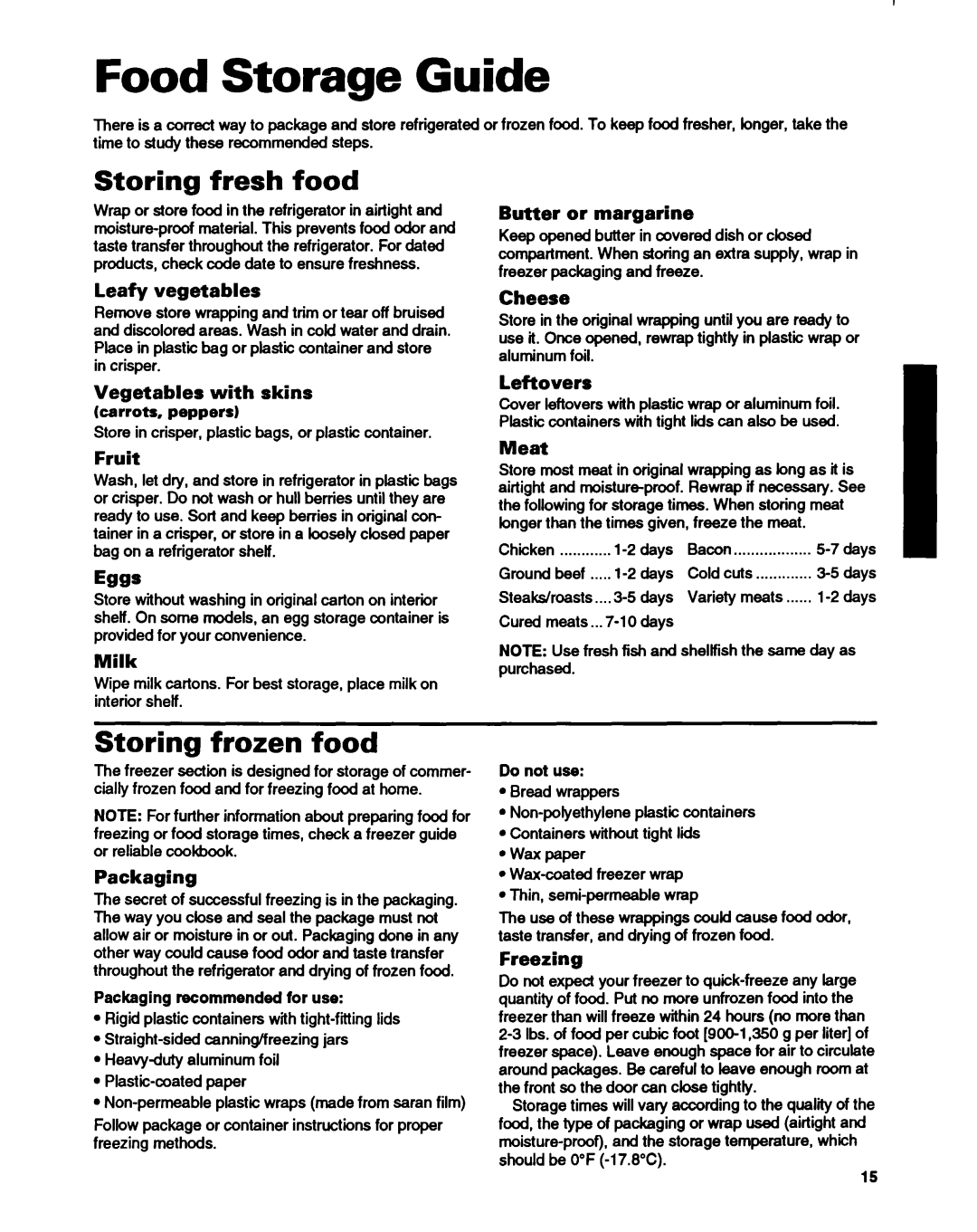 Whirlpool ET14HJXDN01 manual Food Storage Guide, Storing fresh food, Storing frozen food 