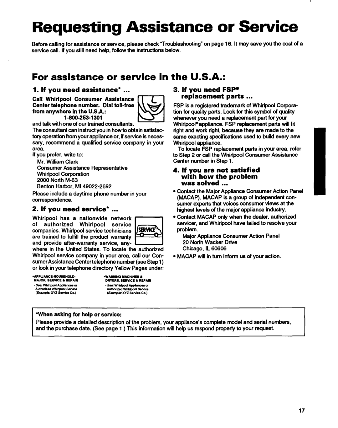 Whirlpool ET14HJXDN01 manual Requesting Assistance or Service, For assistance or service in the U.S.A 