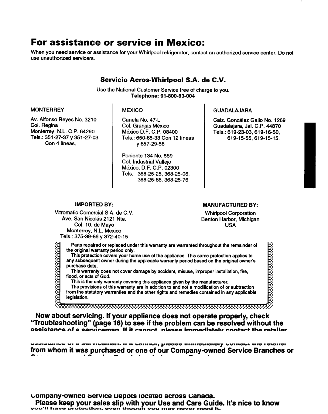 Whirlpool ET14HJXDN01 manual For assistance or service in Mexico, Servicio Acres-Whirlpool S.A. de C.V, Telephone 