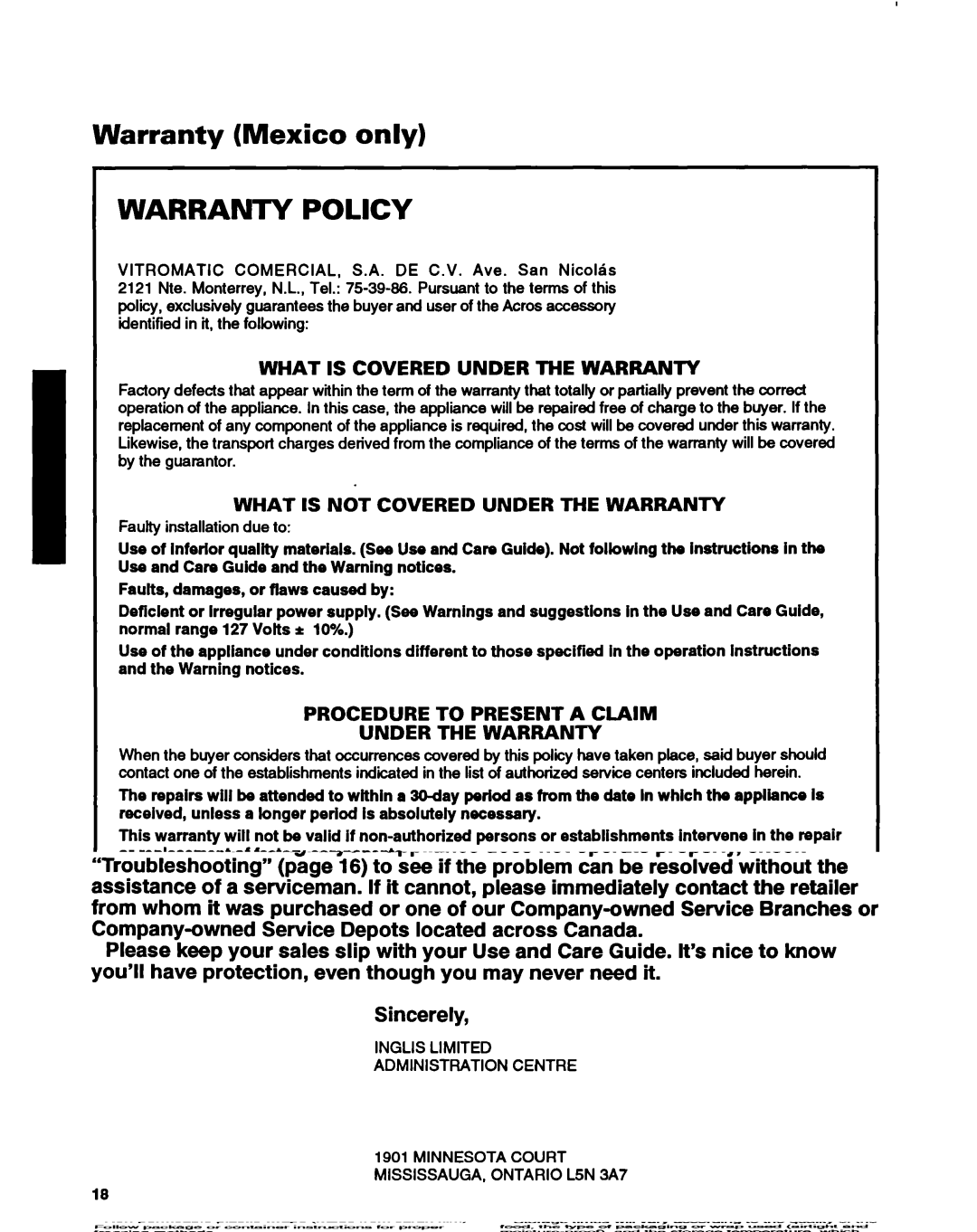 Whirlpool ET14HJXDN01 manual Warranty Mexico only, Warranty Policy 