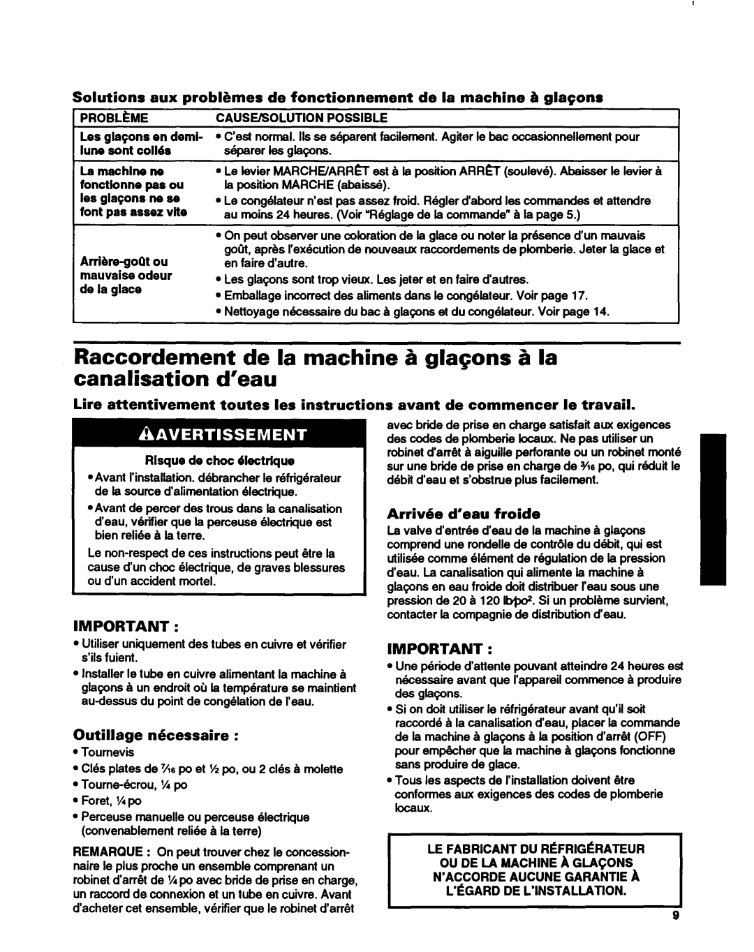 Whirlpool ET14HJXDN01 manual Raccordement de la machine Canalisation d’eau, Glaqons B la 