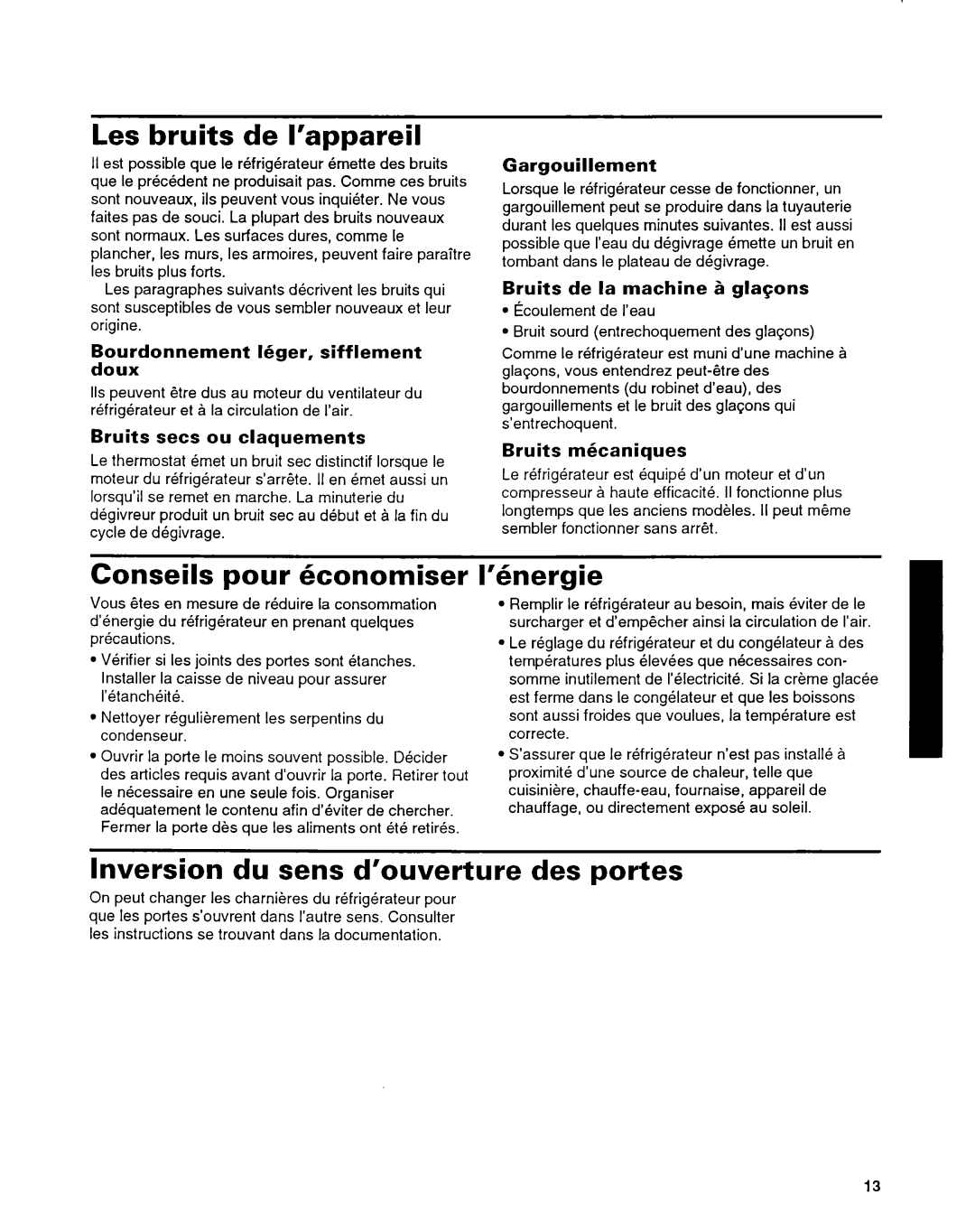 Whirlpool ET14HJXDN01 manual Les bruits de I’appareil, Conseils pour hconomiser, ’hnergie 