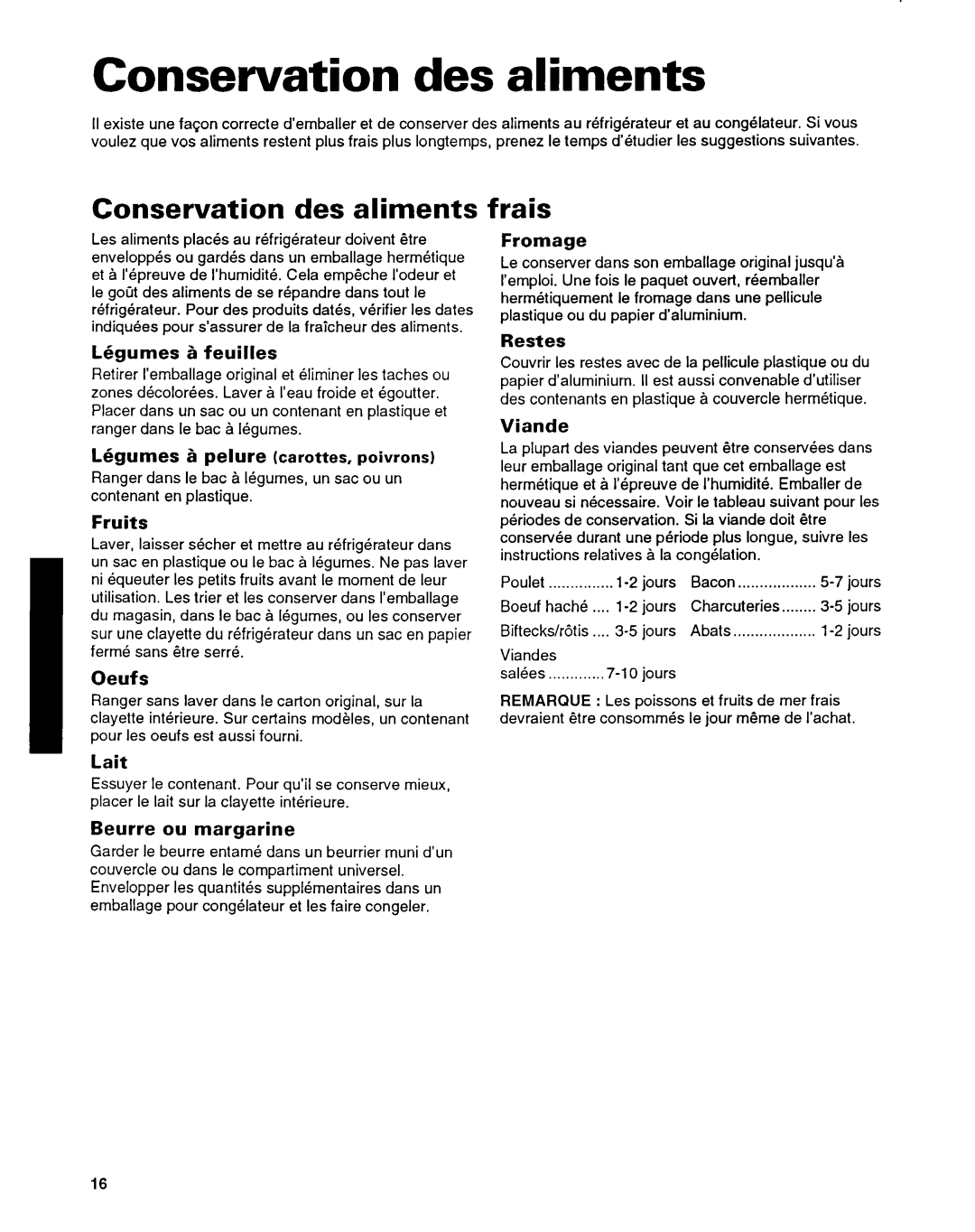 Whirlpool ET14HJXDN01 manual Conservation des aliments, Frais 