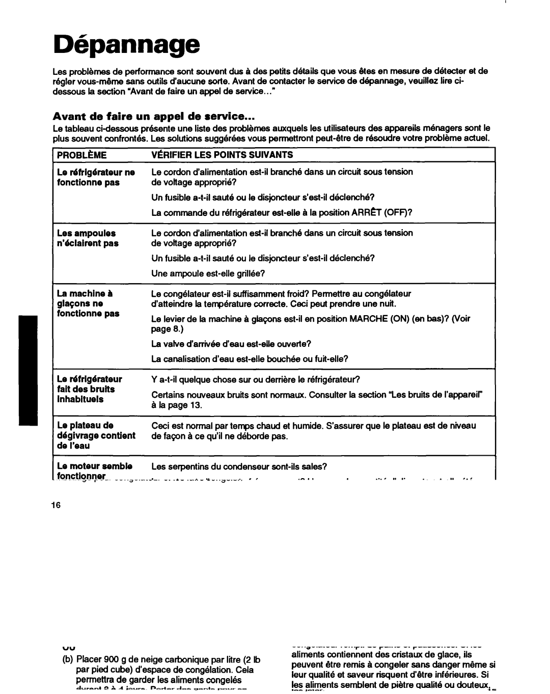 Whirlpool ET14HJXDN01 manual D6pannage, Avant de faire un appel de service, Le plateau de ddgivrage contlent de I’eau 