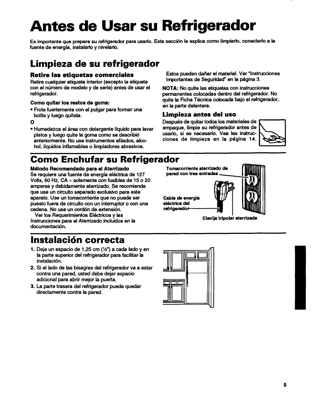 Whirlpool ET14HJXDN01 manual Antes de Usar su Refrigerador, Limpieza de su refrigerador, Como Enchufar su Refrislerador 