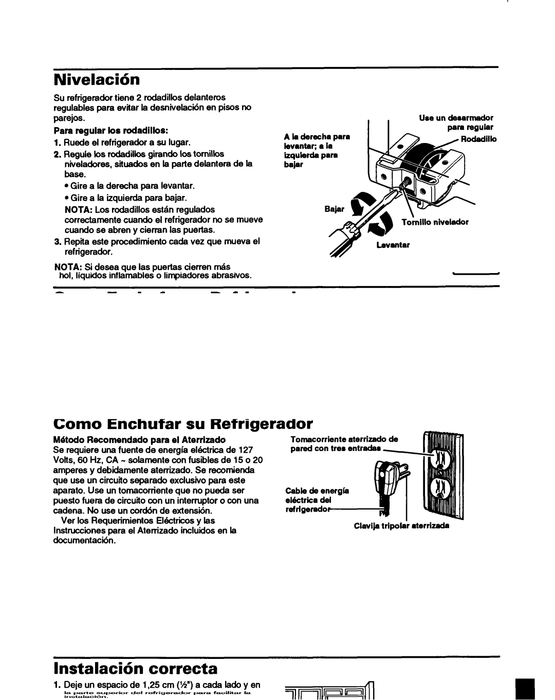 Whirlpool ET14HJXDN01 manual Nivelacih, Para regular km rodadillos 