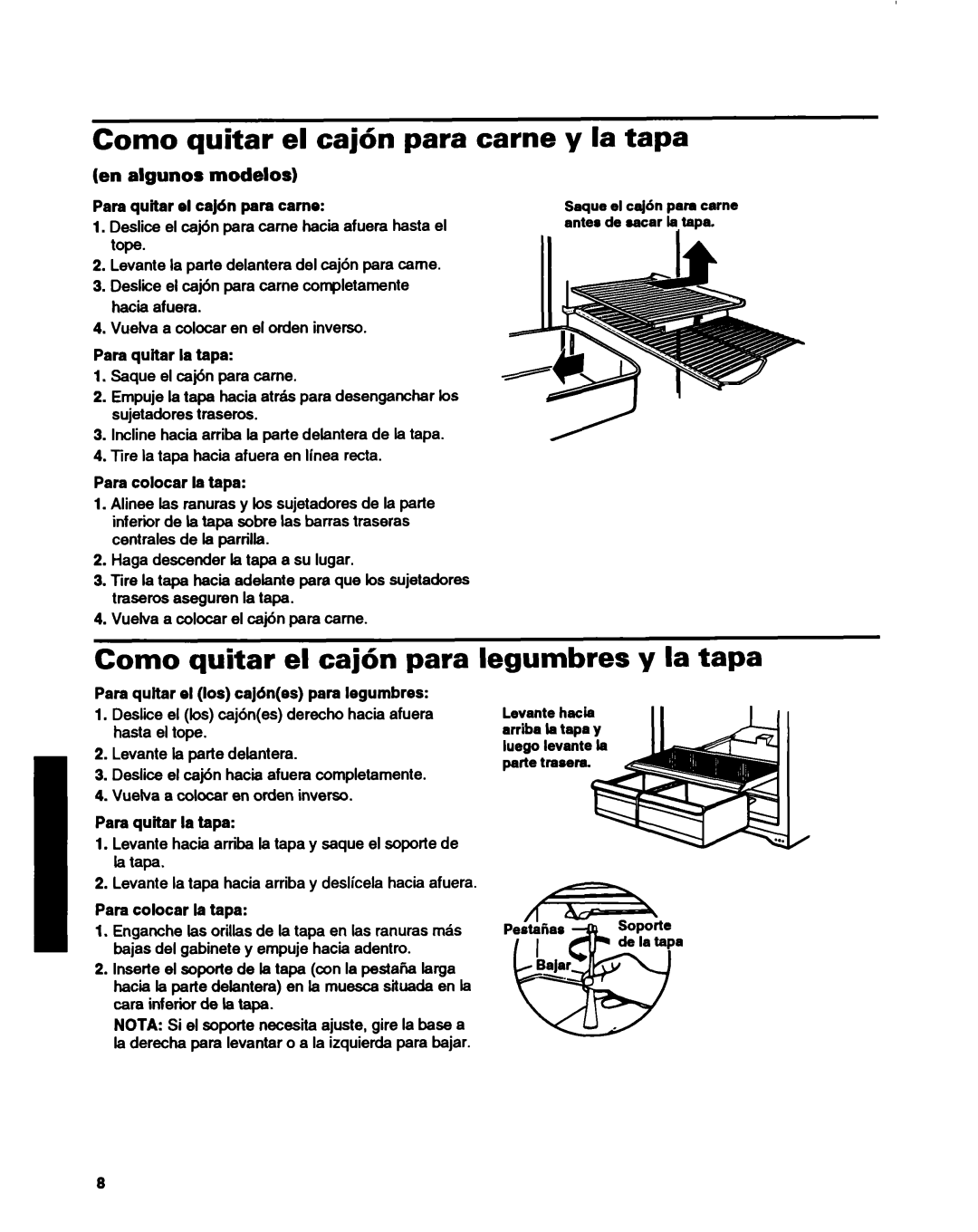 Whirlpool ET14HJXDN01 manual Corn0 quitar el caj6n para came y la tapa, Como quitar el caj6n para legumbres y la tapa 