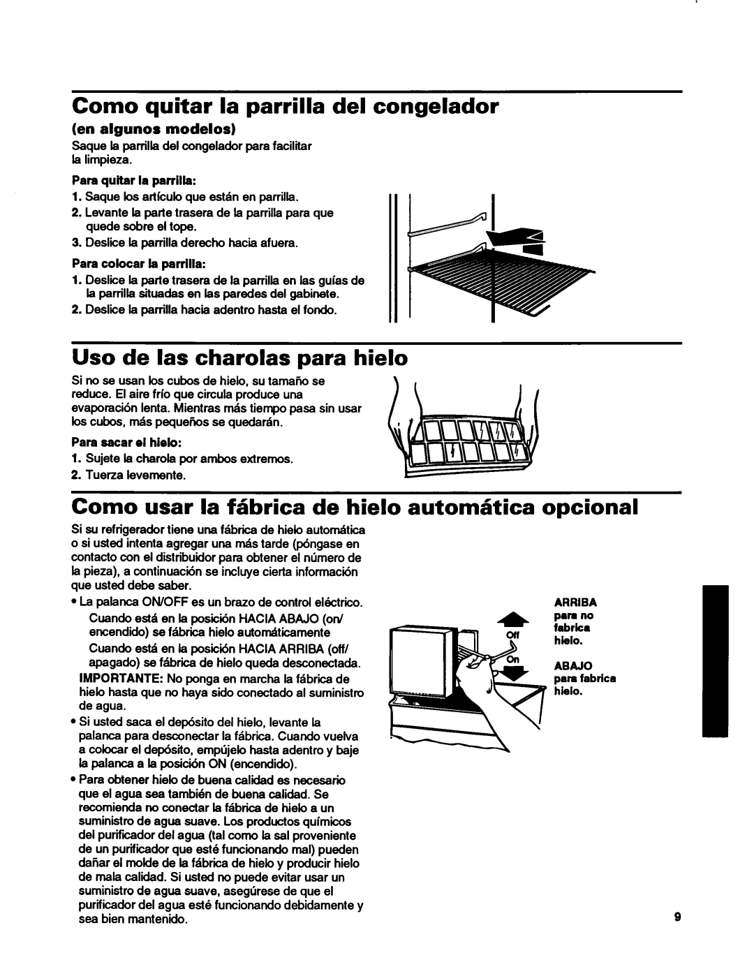 Whirlpool ET14HJXDN01 manual Como quitar la parrilla del congelador, Uso de las charolas para hielo 