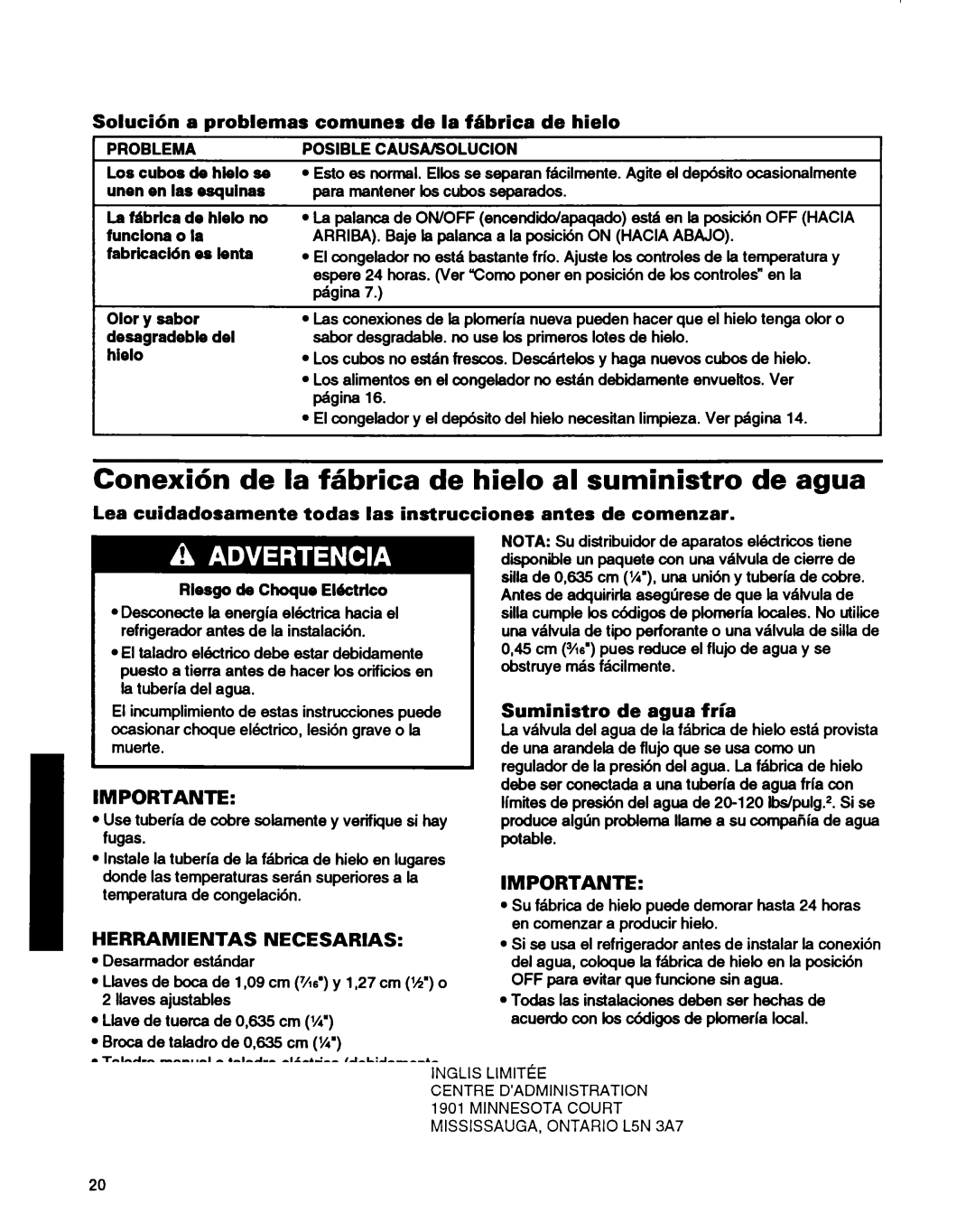 Whirlpool ET14HJXDN01 Conexidn de la fabrica de hielo al suministro de agua, Solucidn a problemas, Suministro de agua fria 