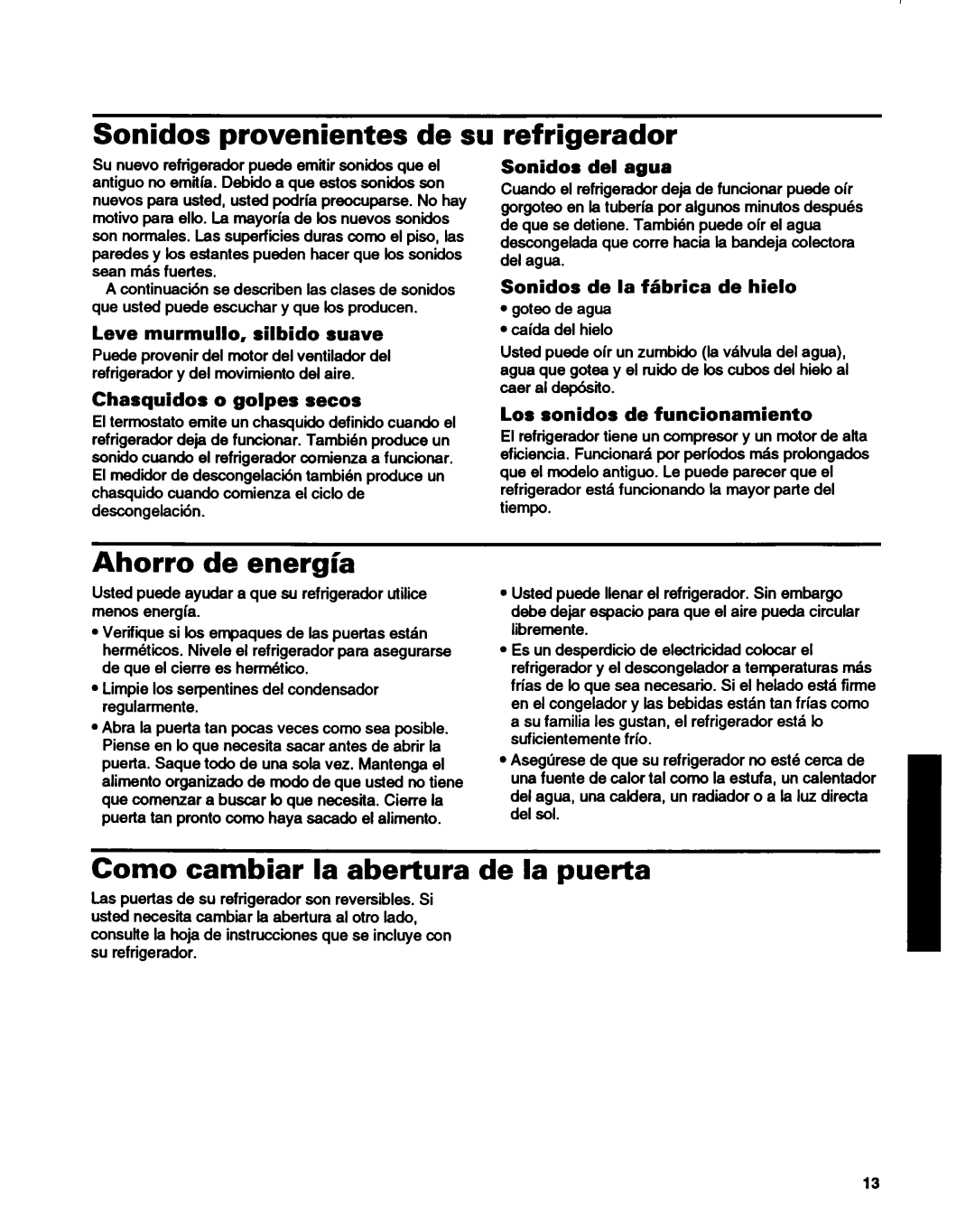 Whirlpool ET14HJXDN01 Sonidos provenientes de su, Refrigerador, Ahorro de energia, Como cambiar la abertura de la puetta 