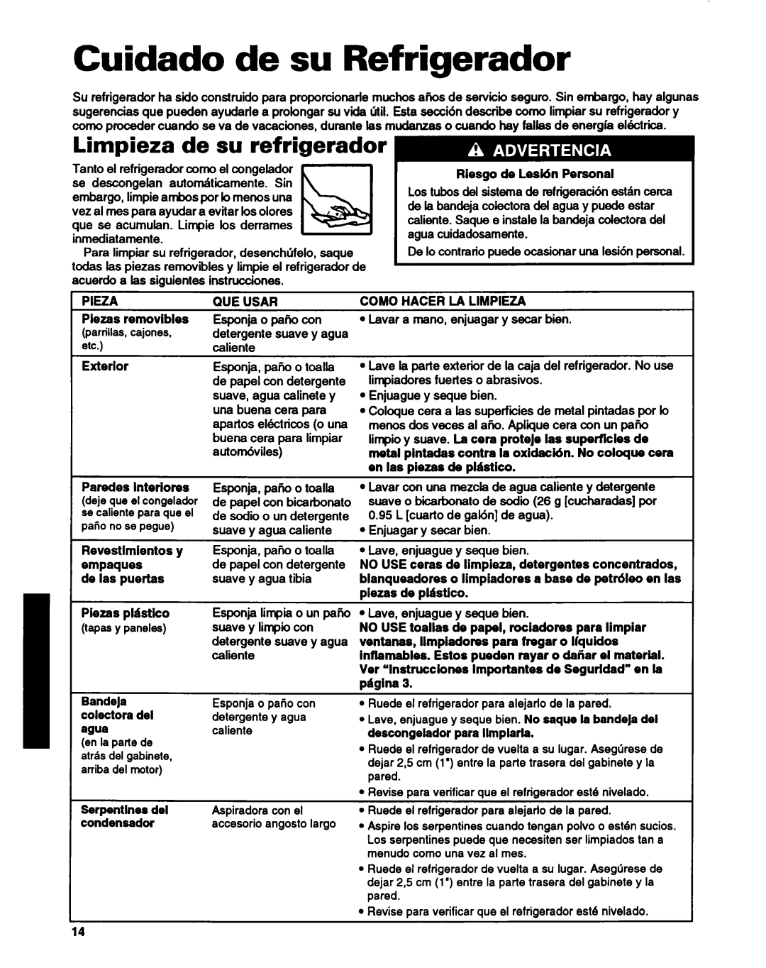 Whirlpool ET14HJXDN01 manual Cuidado de su Refrigerador, Mqs- ! ID, Pieza, WE Usar, Como Hacer LA Limpieza 