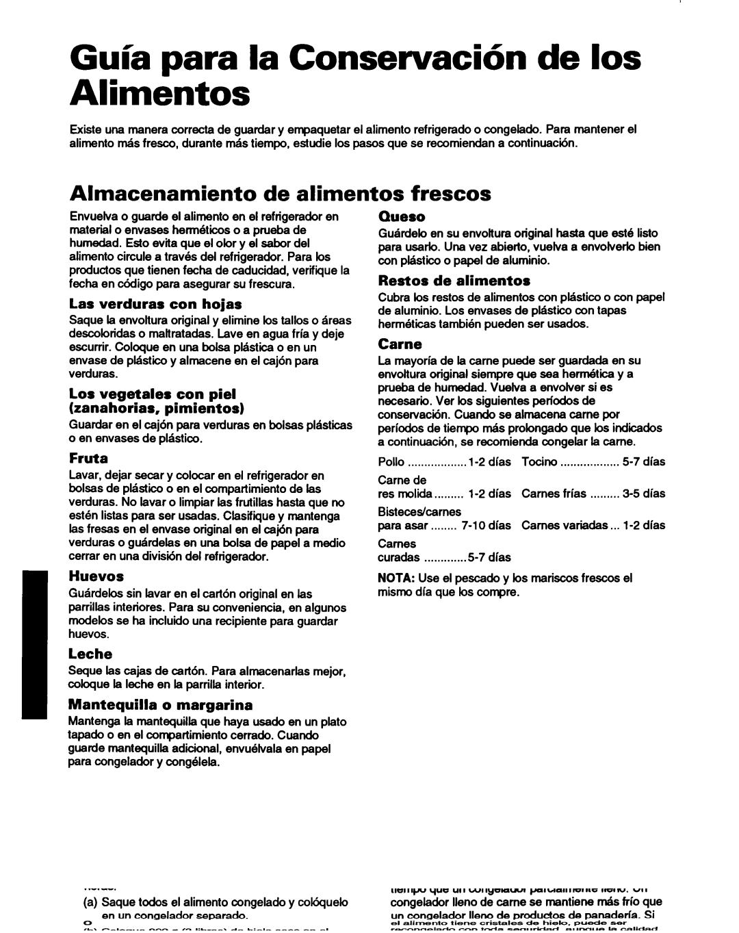 Whirlpool ET14HJXDN01 manual Gul’a para la Conservacih de 10s Alimentos, Almacenamiento de alimentos frescos 