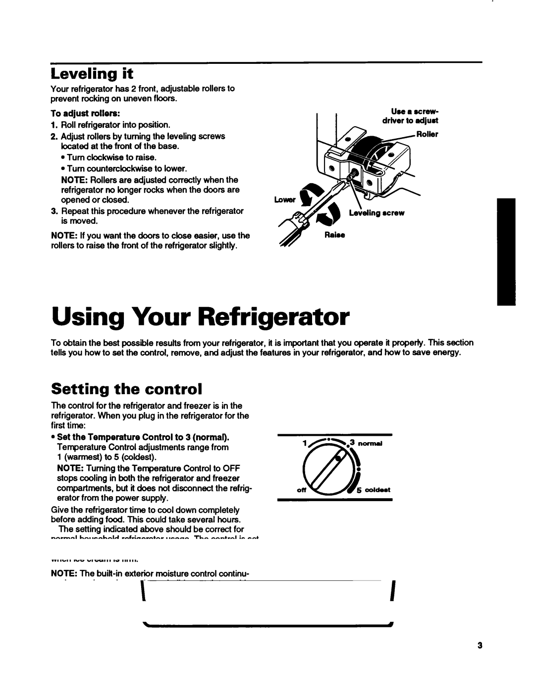 Whirlpool ET14HJXDN01 manual Using Your Refrigerator, Leveling, Setting the control, To adiust rollers 