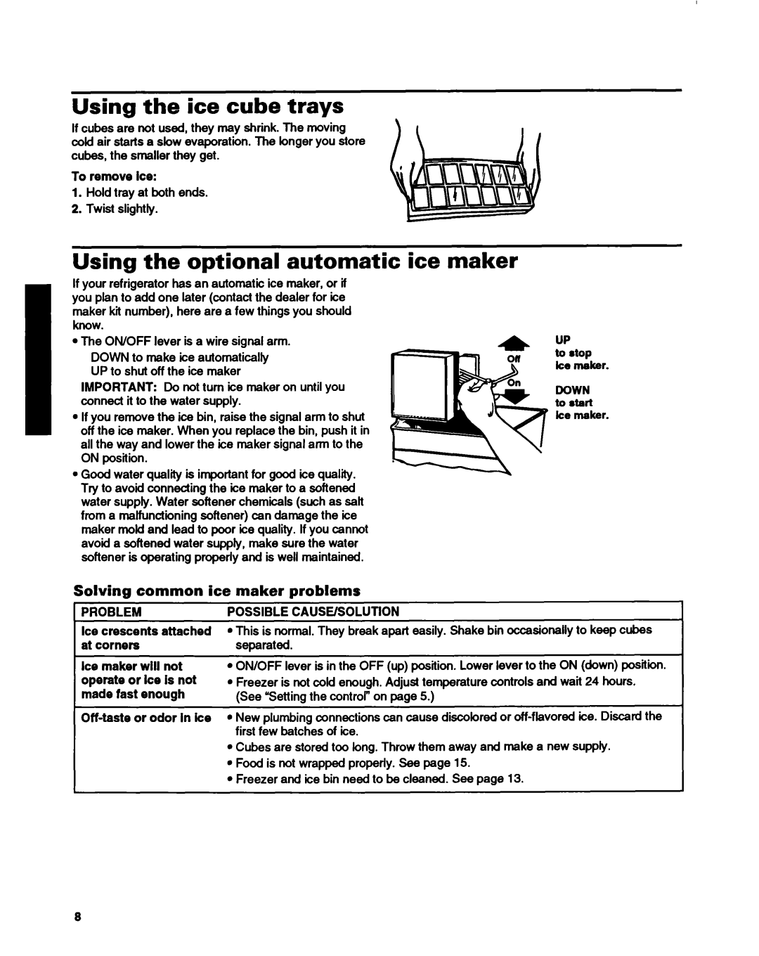 Whirlpool ET14HJXDN01 manual Using the ice cube trays, Using Optional Automatic Ice maker, Solving, Ice maker Problems 