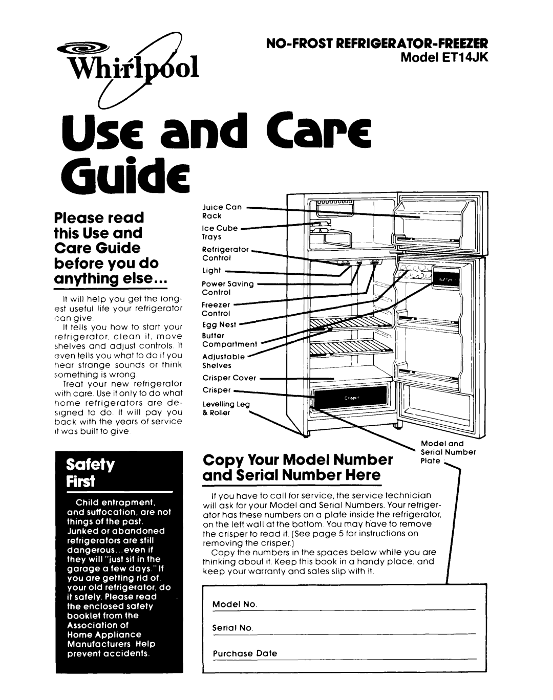 Whirlpool ET14JK warranty Copy Your Model Number \ %ii’,Number, Serial Number Here, Crisper Cover 