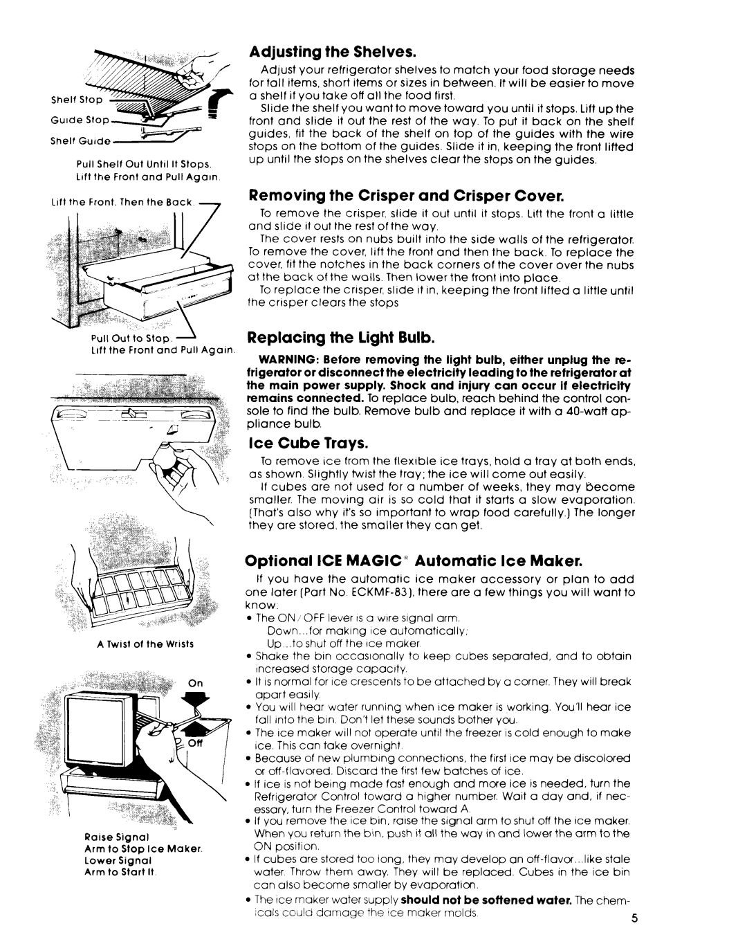 Whirlpool ET14JK Adjusting the Shelves, Removing the Crisper and Crisper Cover, Replacing the Light Bulb Ice Cube Trays 