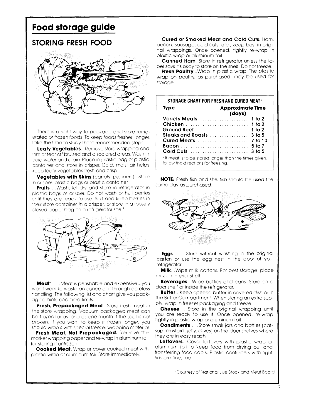 Whirlpool ET14JK warranty Food storage guide, Fresh, Prepackaged Meat Store fresh meat rn, Approxlmate Tlme Days 