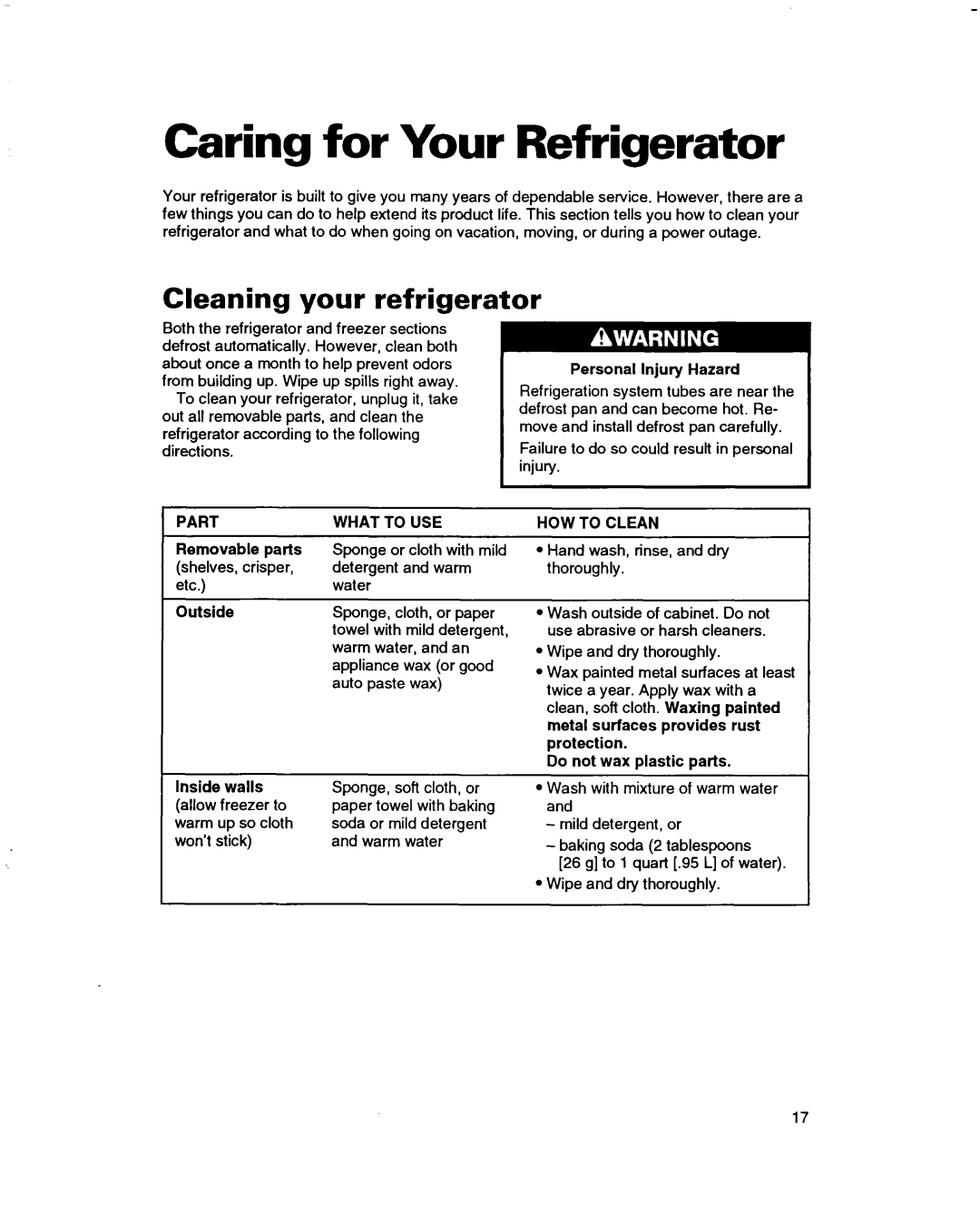 Whirlpool ET14JMXBN00 warranty Caring for Your Refrigerator, Cleaning your refrigerator 