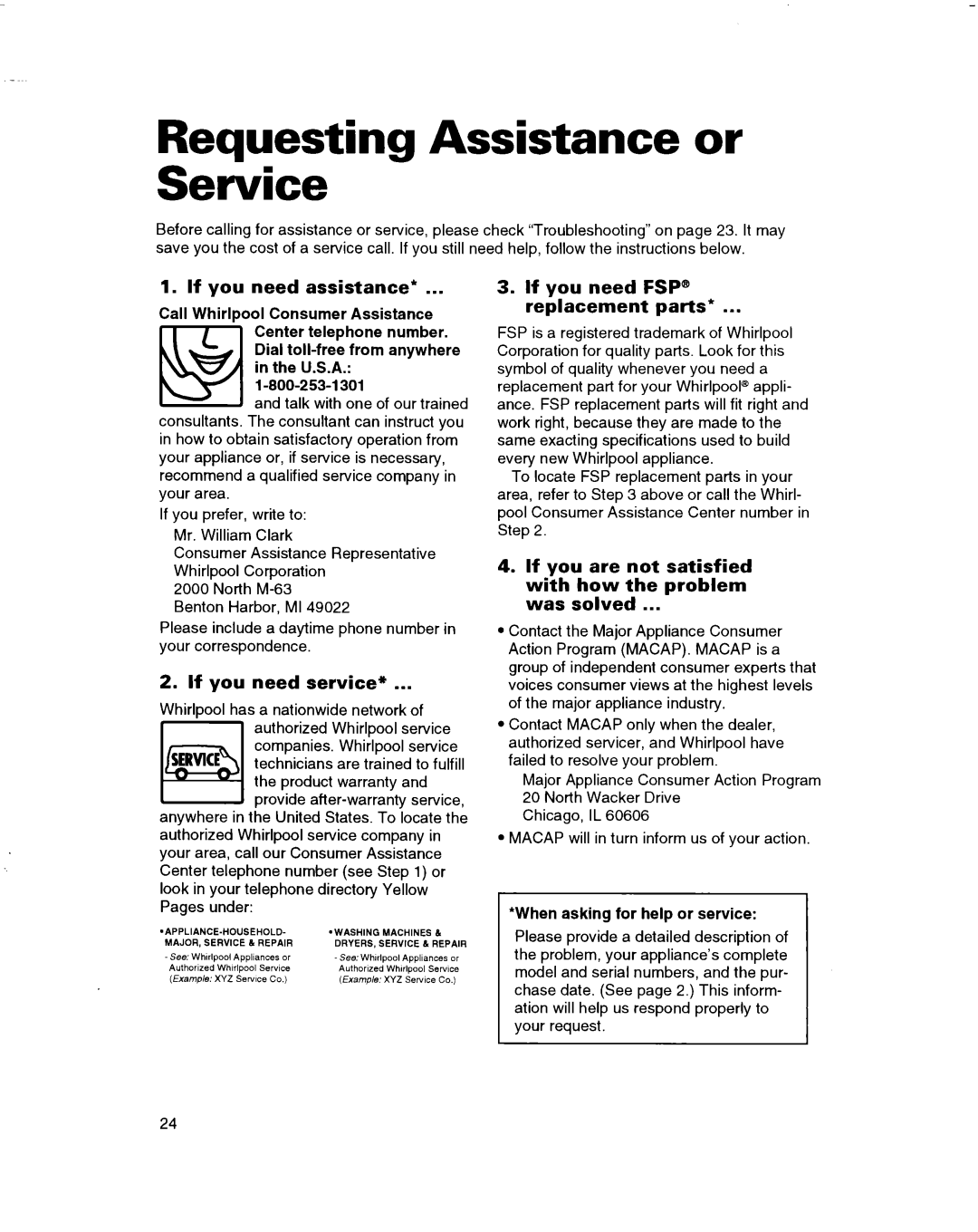 Whirlpool ET14JMXBN00 warranty Requesting Assistance or Service, If you need assistance, If you need service 