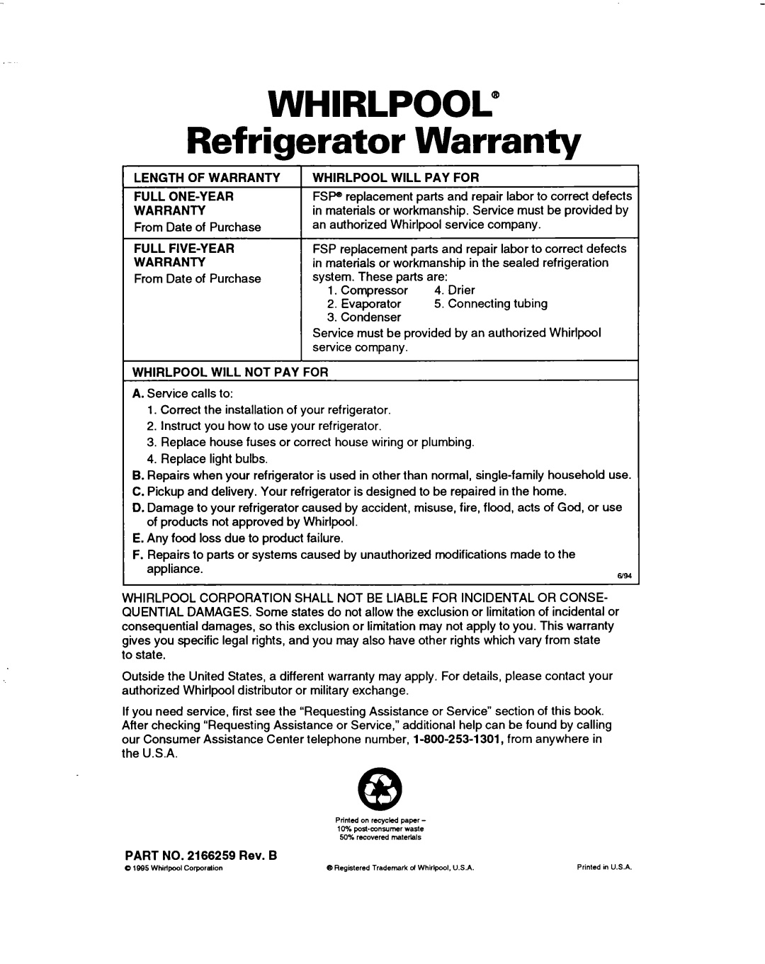 Whirlpool ET14JMXBN00 warranty Refrigerator, Whirlpool@, Warranty 
