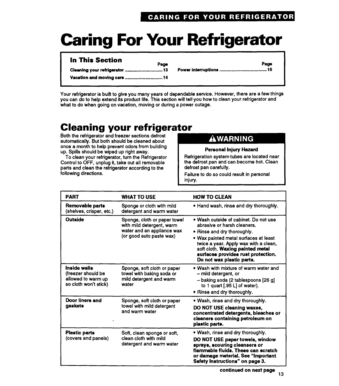 Whirlpool ET14JM, ET14UK, ETl4JK, ETl4ZK Caring For Your Refrigerator, Cleaning your refrigerator, This Section PawPaw 