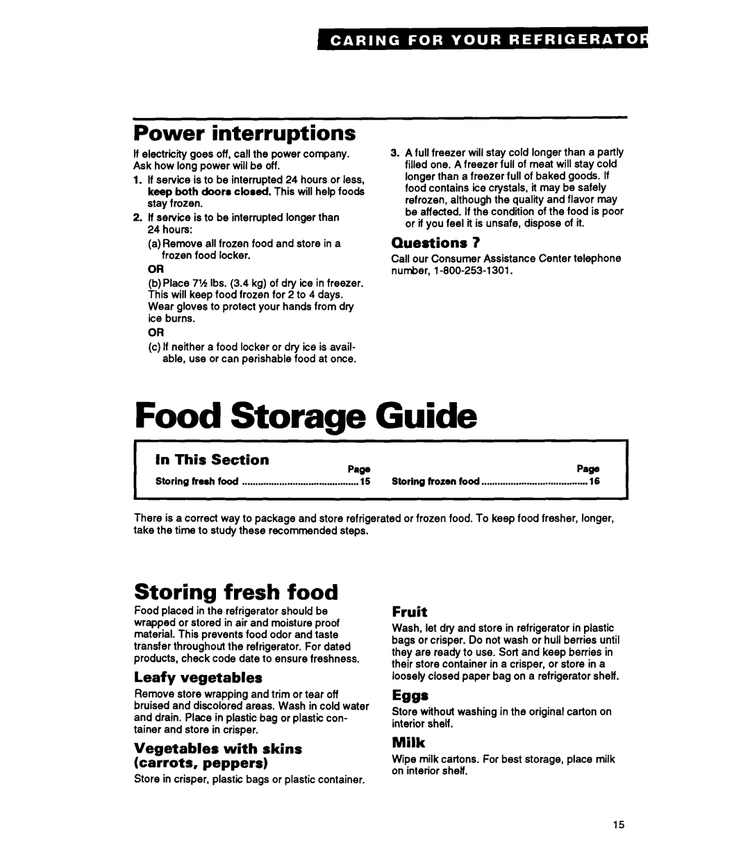 Whirlpool ETl4ZK, ET14UK, ET14JM, ETl4JK warranty Food Storage Guide, Power interruptions, Storing fresh food 