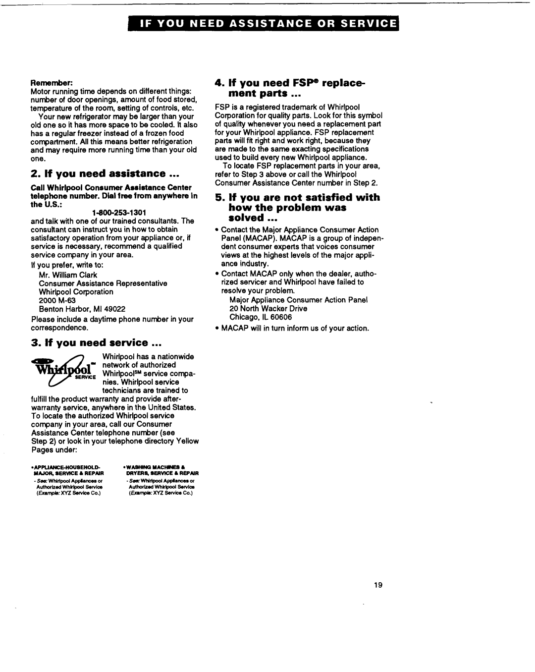 Whirlpool ETl4ZK, ET14UK, ET14JM, ETl4JK If you need assistance, If you need service, If you need FSP replace- ment parts 