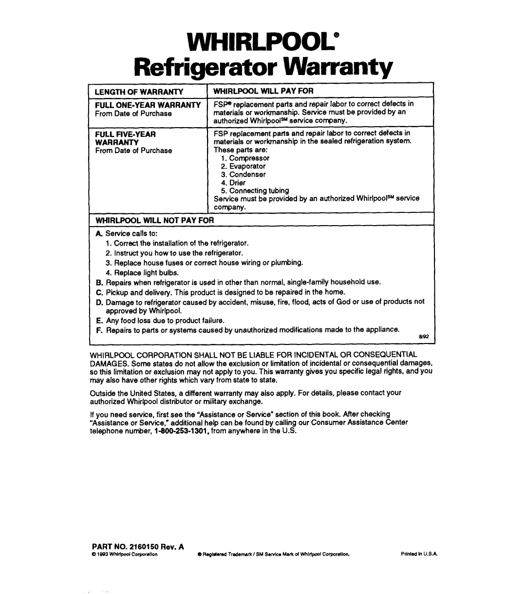 Whirlpool ET14UK, ET14JM, ETl4JK, ETl4ZK warranty Refrigerator Warranty, Length of Warranty 