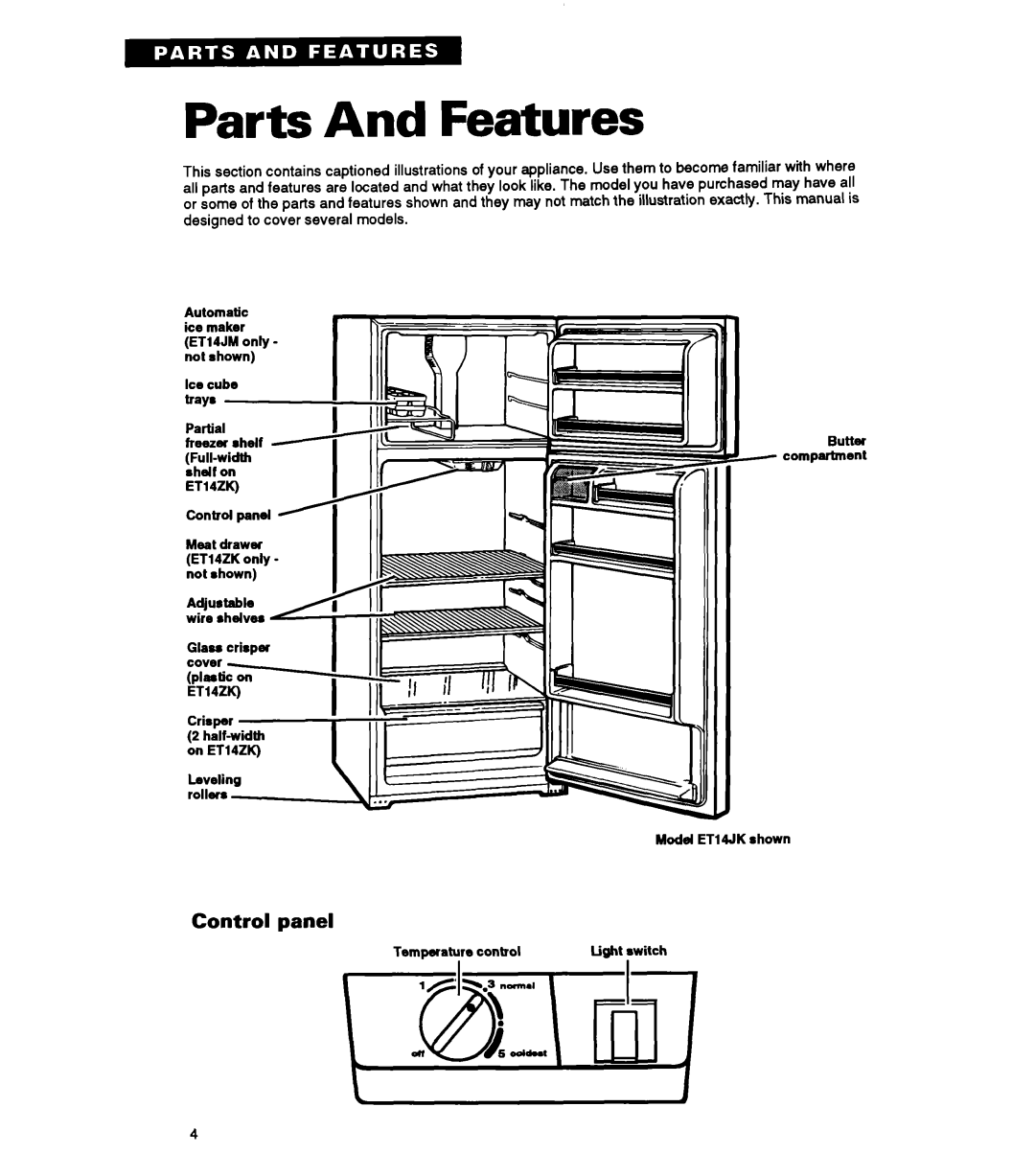 Whirlpool ET14UK, ET14JM, ETl4JK, ETl4ZK warranty Parts And Features, Control panel 