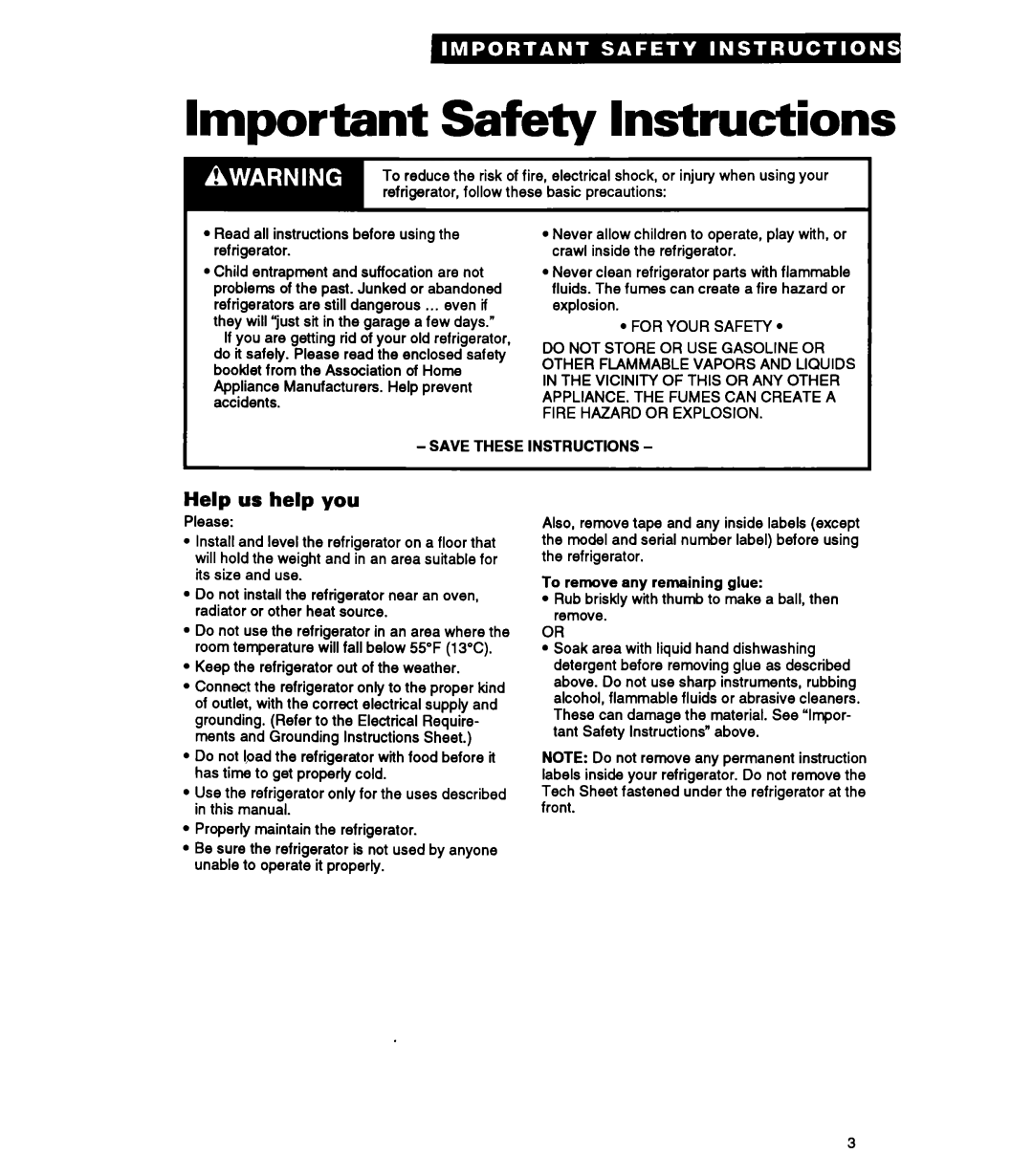 Whirlpool ETl4ZK, ET14UK, ET14JM, ETl4JK warranty Important Safety Instructions, Help us help you 
